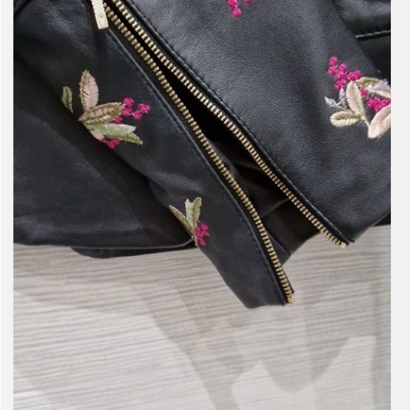 Ted Baker Black Leather Jacket with Floral Embroidery Size 3 equals US Size 8 - Picture 9 of 10